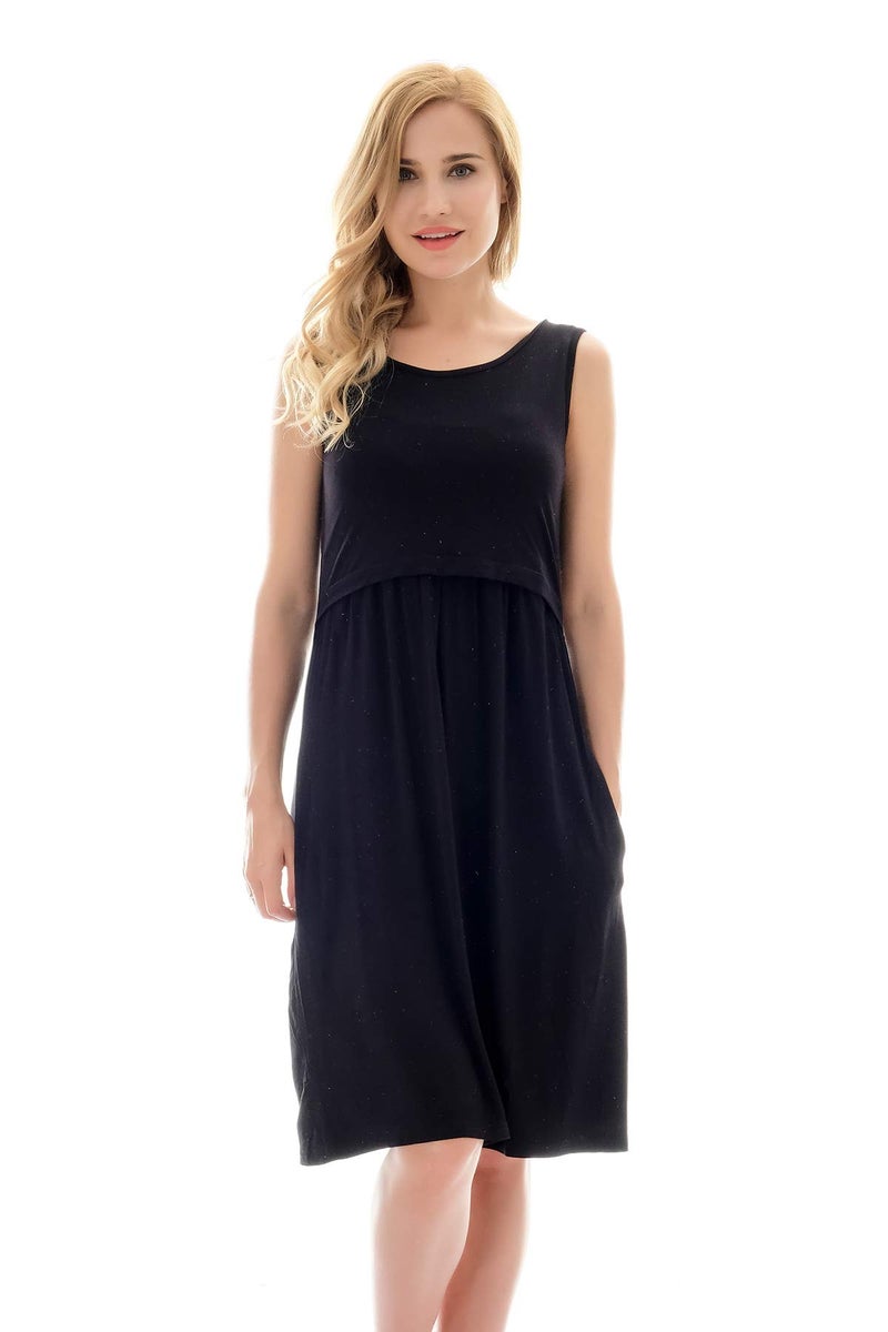 Bearsland Women's Sleeveless Maternity Dress Nursing Breastfeeding Dresses with Pockets Black - Image 2